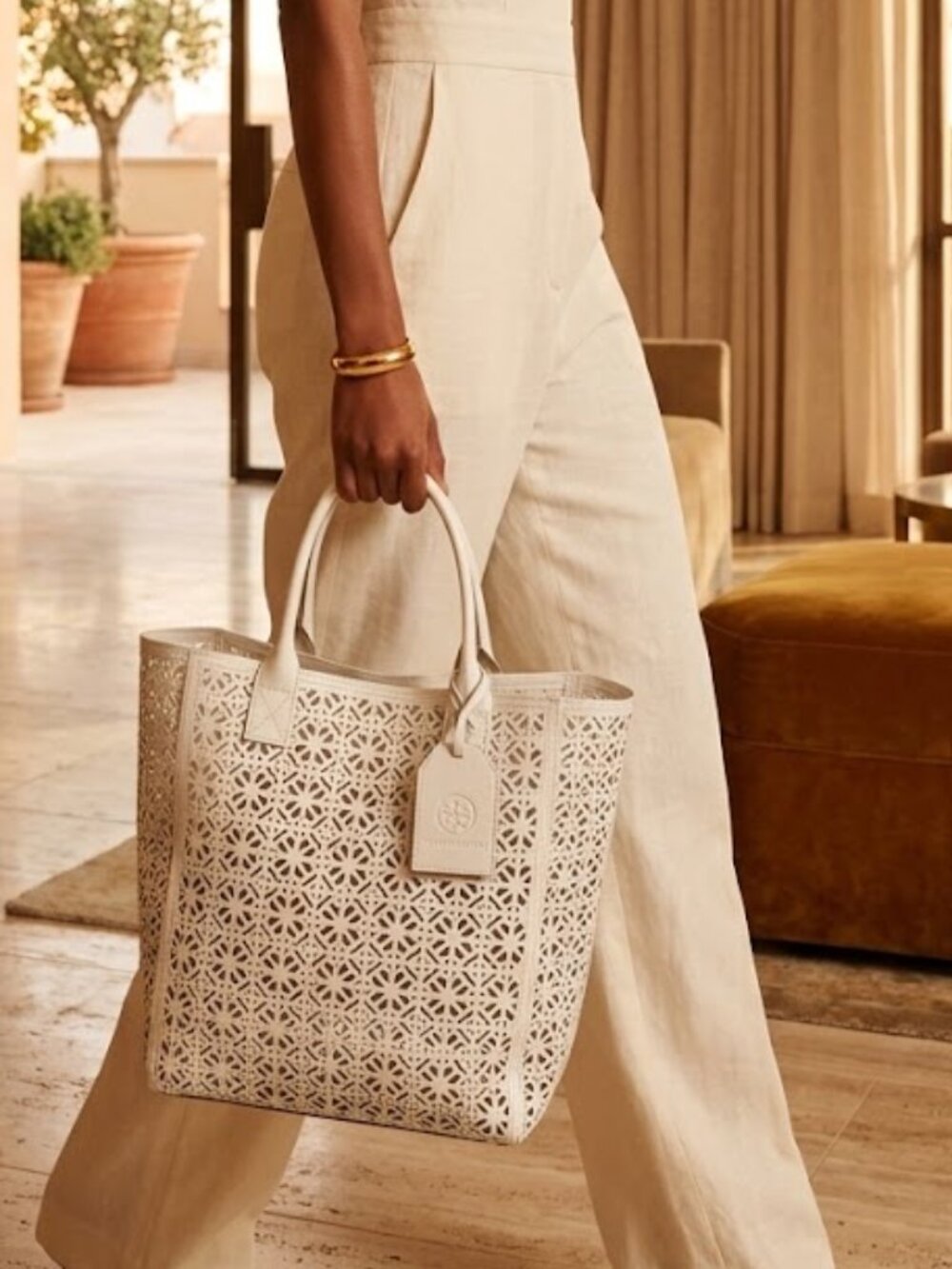 Tory Burch White Laser-Cut Leather Tote in excellent condition